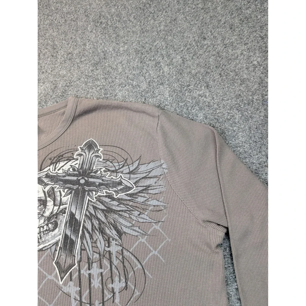 MMA Elite Shirt Mens 2XL Gray‎ Waffle Thermal Long Sleeve Skull Cross Graphic